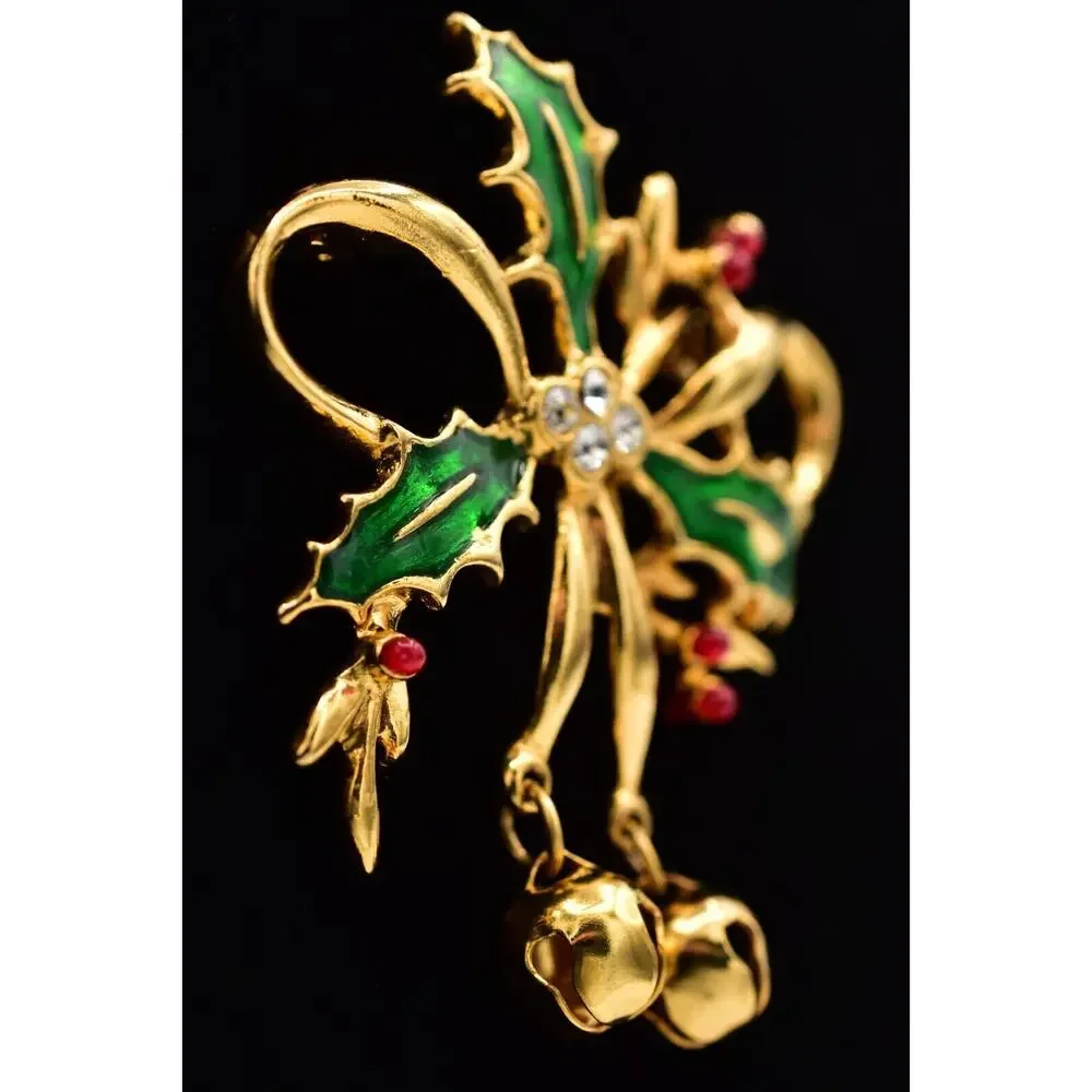 Vintage Christmas Pin Brooch Bell Holly Berry Green Red Enamel Gold 1980s BinAL